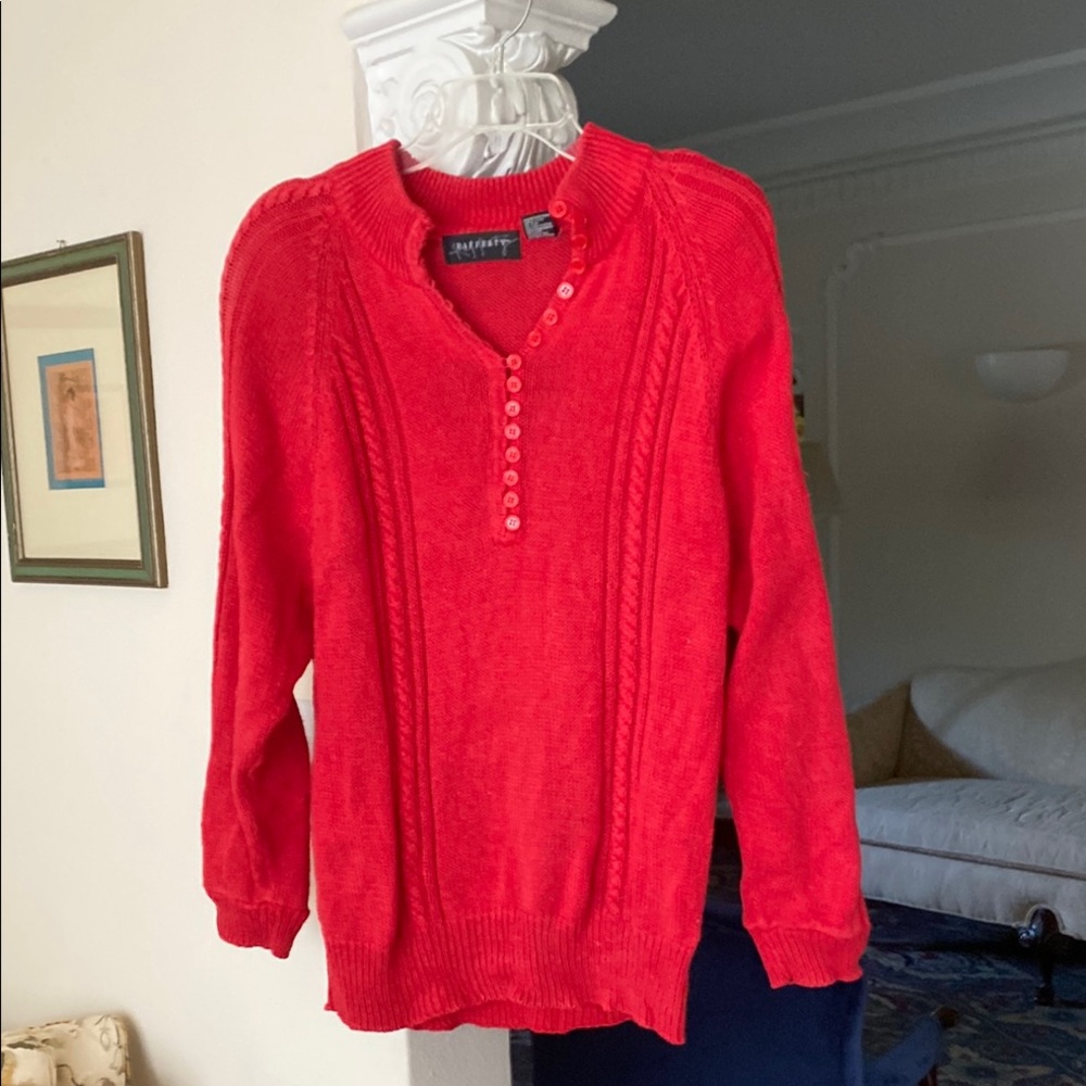 Rafferty Red Crewneck Button Front Raglan Sleeves Sweater 55% Ramie 45% Cotton L